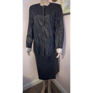 VTG Oscar De La Renta Black 100% Leather Jacket Midi Skirt Suit Set 8/10